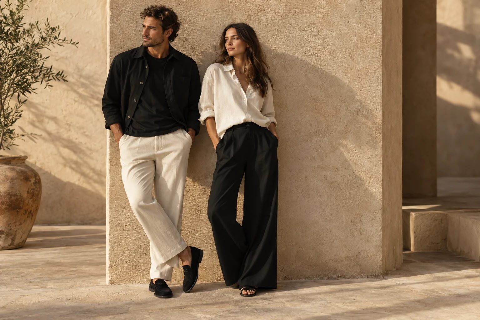 Editorial concept: two models in relaxed neutral clothing against a warm architectural backdrop